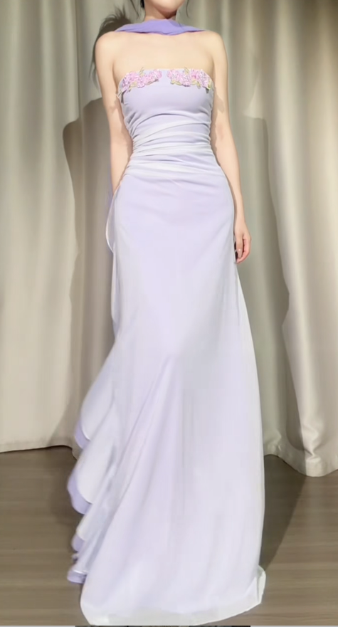 Vintage Strapless Chiffon Formal Dress Sheath Purple Evening Dress ED08971