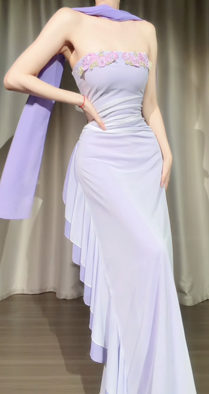 Vintage Strapless Chiffon Formal Dress Sheath Purple Evening Dress ED08971