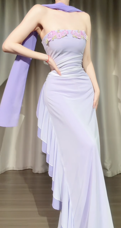 Robe de soirée fourreau vintage en mousseline bustier violette ED08971