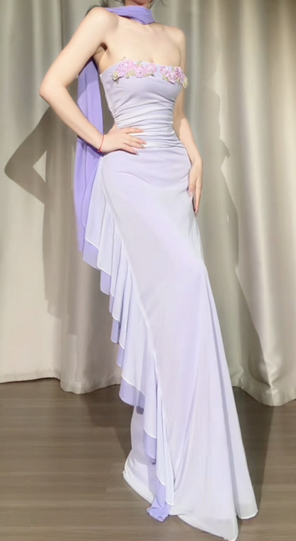Vintage Strapless Chiffon Formal Dress Sheath Purple Evening Dress ED08971