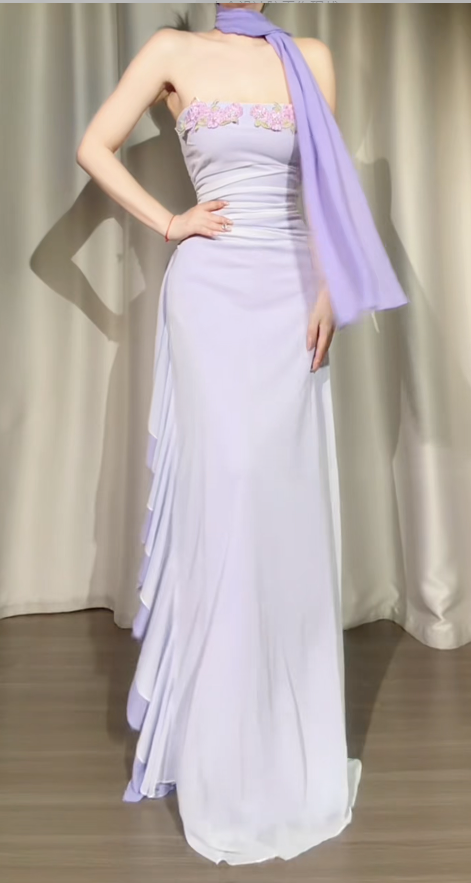Vintage Strapless Chiffon Formal Dress Sheath Purple Evening Dress ED08971