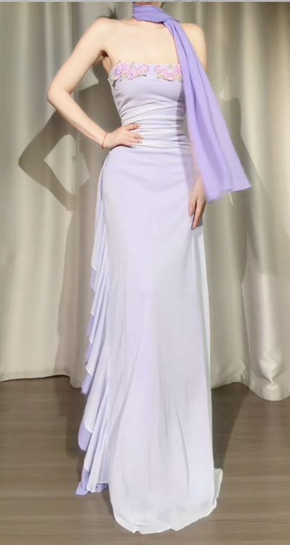 Vintage Strapless Chiffon Formal Dress Sheath Purple Evening Dress ED08971