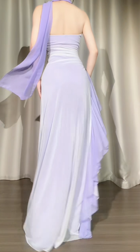 Vintage Strapless Chiffon Formal Dress Sheath Purple Evening Dress ED08971