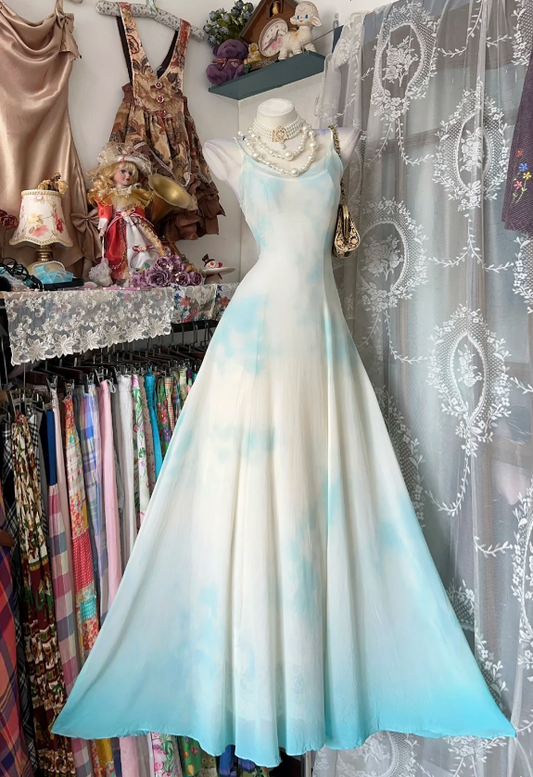 Vintage Spaghetti Straps Chiffon Formal Dress A-Line Blue Evening Dress ED08972