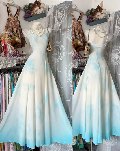 Vintage Spaghetti Straps Chiffon Formal Dress A-Line Blue Evening Dress ED08972