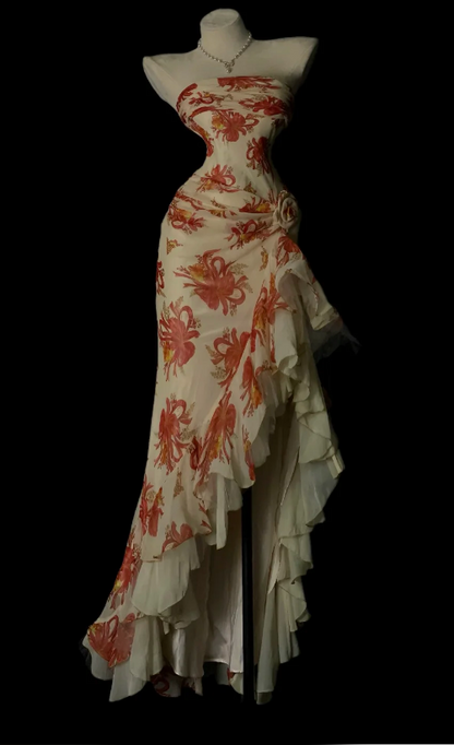 Vintage Strapless Chiffon Formal Dress Bodycon Floral Evening Dress ED08973