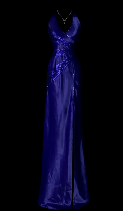 Vintage Satin Blue Evening Dress V-neck Sheath Long Prom Dress Sequins Fomral Dress ED08974