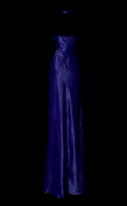 Vintage Satin Blue Evening Dress V-neck Sheath Long Prom Dress Sequins Fomral Dress ED08974