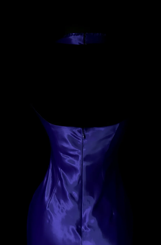 Vintage Satin Blue Evening Dress V-neck Sheath Long Prom Dress Sequins Fomral Dress ED08974