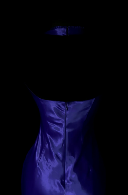 Vintage Satin Blue Evening Dress V-neck Sheath Long Prom Dress Sequins Fomral Dress ED08974