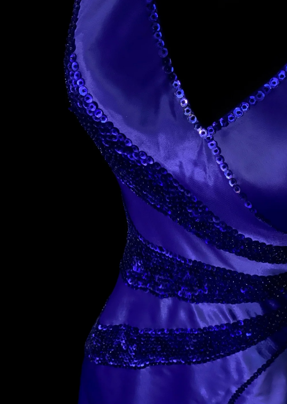 Vintage Satin Blue Evening Dress V-neck Sheath Long Prom Dress Sequins Fomral Dress ED08974