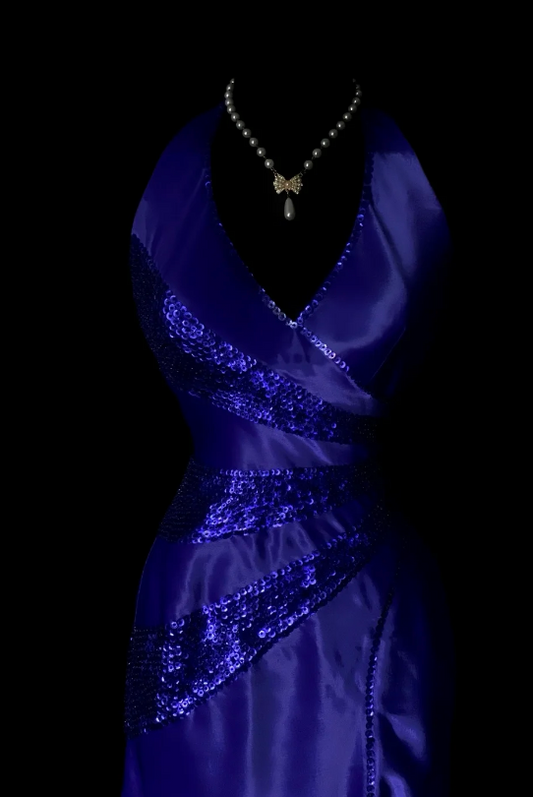 Vintage Satin Blue Evening Dress V-neck Sheath Long Prom Dress Sequins Fomral Dress ED08974