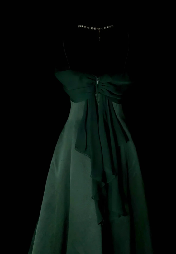 Vintage Satin Dark Green Evening Dress Spaghetti Straps A-Line Long Fomral Dress ED08975
