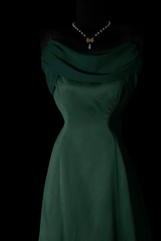 Vintage Satin Dark Green Evening Dress Spaghetti Straps A-Line Long Fomral Dress ED08975