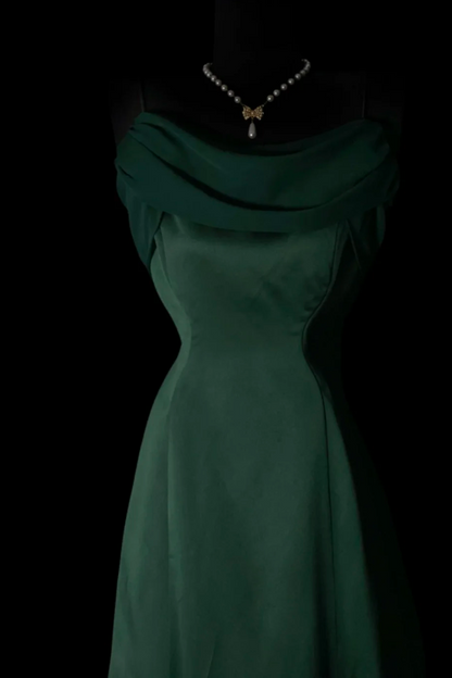 Vintage Satin Dark Green Evening Dress Spaghetti Straps A-Line Long Fomral Dress ED08975