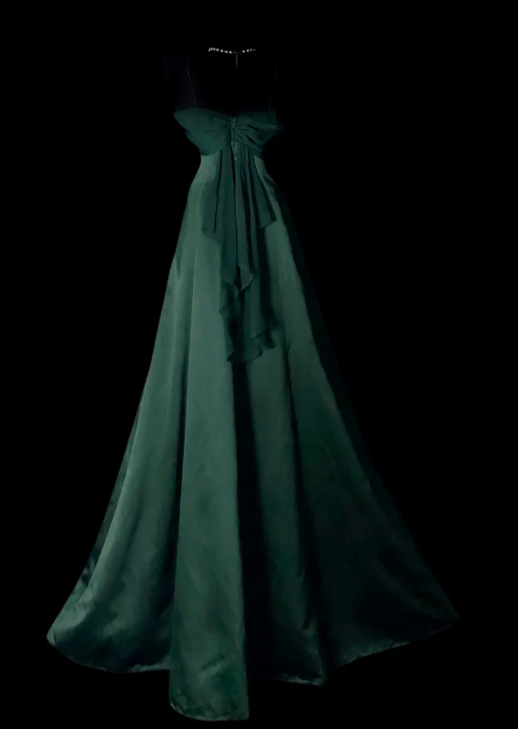 Vintage Satin Dark Green Evening Dress Spaghetti Straps A-Line Long Fomral Dress ED08975