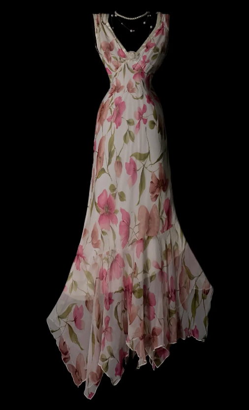 Vintage Chiffon Floral Evening Dress V-neck Sheath Long Fomral Dress ED08976