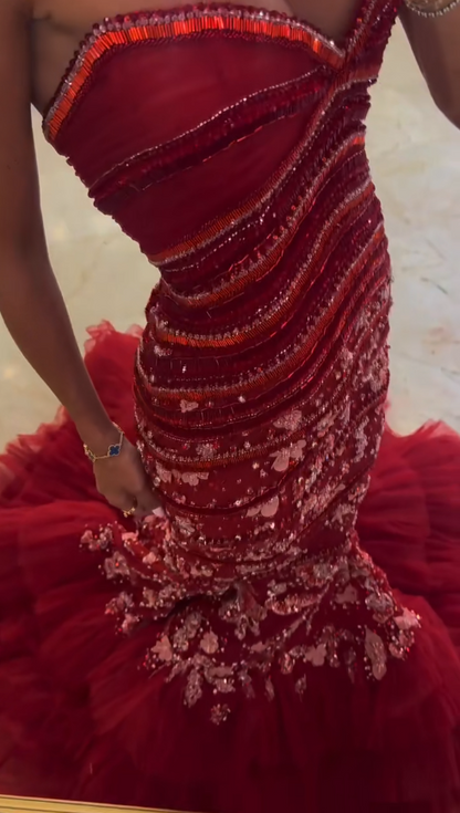 Fairy Tulle Sequins Long Evening Dress Red Prom Dress Sweetheart Mermaid Fomral Dress ED08978