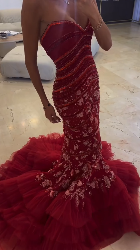Fairy Tulle Sequins Long Evening Dress Red Prom Dress Sweetheart Mermaid Fomral Dress ED08978