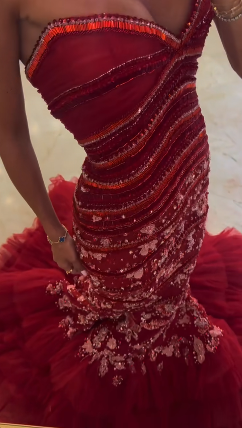 Fairy Tulle Sequins Long Evening Dress Red Prom Dress Sweetheart Mermaid Fomral Dress ED08978