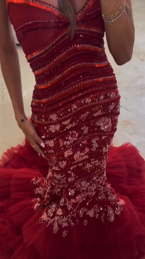Fairy Tulle Sequins Long Evening Dress Red Prom Dress Sweetheart Mermaid Fomral Dress ED08978