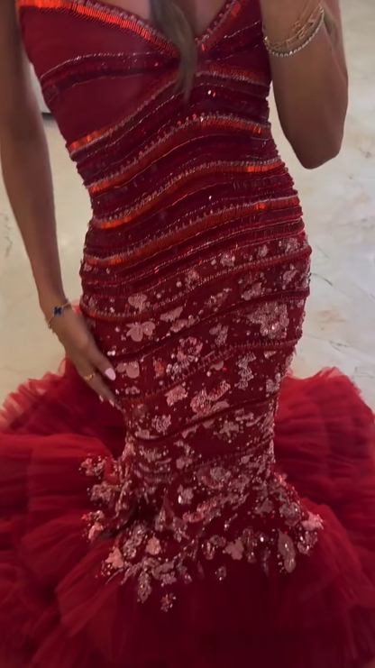 Fairy Tulle Sequins Long Evening Dress Red Prom Dress Sweetheart Mermaid Fomral Dress ED08978