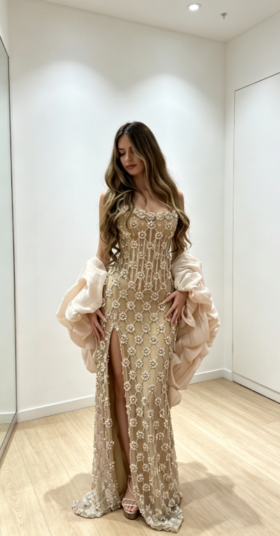 Elegant Tulle Beaded Long Evening Dress Light Gold Dress for Party Spaghetti Straps Sheath Fomral Dress with Slit ED08980