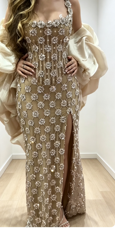Elegant Tulle Beaded Long Evening Dress Light Gold Dress for Party Spaghetti Straps Sheath Fomral Dress with Slit ED08980