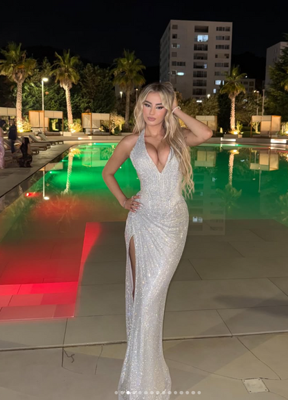 Elegant Tulle Long Evening Dress Silver Dress for Party V-neck Sheath Fomral Dress with Slit ED08981