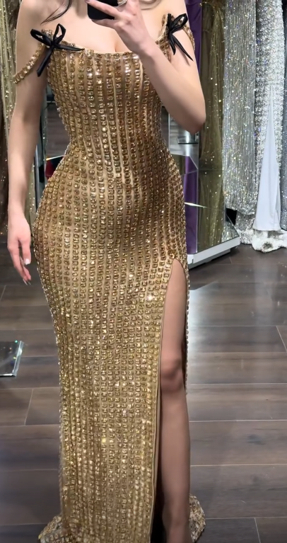 Elegant Tulle Beaded Evening Dress Long Gold Dress for Party Off-shoulder Sheath Fomral Dress with Slit ED08982