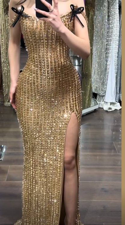 Elegant Tulle Beaded Evening Dress Long Gold Dress for Party Off-shoulder Sheath Fomral Dress with Slit ED08982