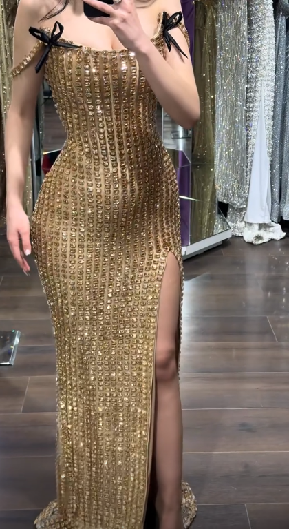 Elegant Tulle Beaded Evening Dress Long Gold Dress for Party Off-shoulder Sheath Fomral Dress with Slit ED08982