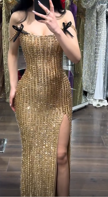 Elegant Tulle Beaded Evening Dress Long Gold Dress for Party Off-shoulder Sheath Fomral Dress with Slit ED08982