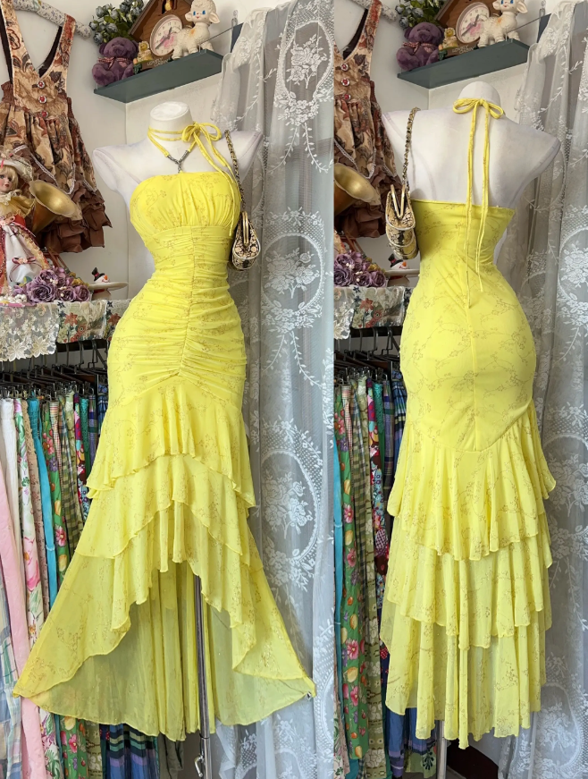 Vintage Chiffon Summer Vacation Dress Long Yellow Dress for Party Halter Sheath Evening Dress  ED08985