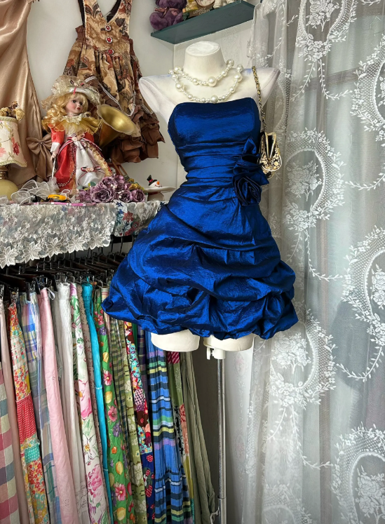 Vintage Satin Blue Dress for Party Strapless Hoco Dress Sheath Birthday Dress ED08986