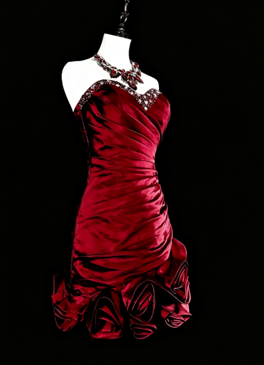 Robe Vintage en Satin Bordeaux pour Soirée, Robe de Bal de Rentrée des Classes, Robe Fourreau d'Anniversaire ED08989