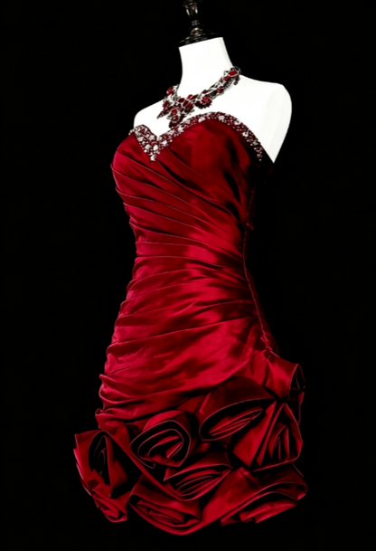 Vintage Satin Burgundy Dress for Party Sweeetheart Hoco Dress Sheath Birthday Dress ED08989