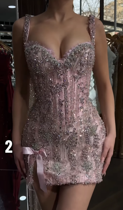Sexy Tulle Pink Dress for Party Spaghetti Straps Beaded Hoco Dress Sheath Birthday Dress  ED08991