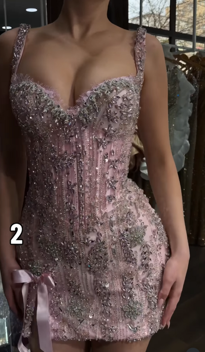 Sexy Tulle Pink Dress for Party Spaghetti Straps Beaded Hoco Dress Sheath Birthday Dress  ED08991