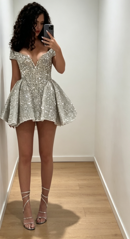 Sexy Tulle Silver Dress for Party Off-shoulder Sequins Hoco Dress A-Line Birthday Dress  ED08994