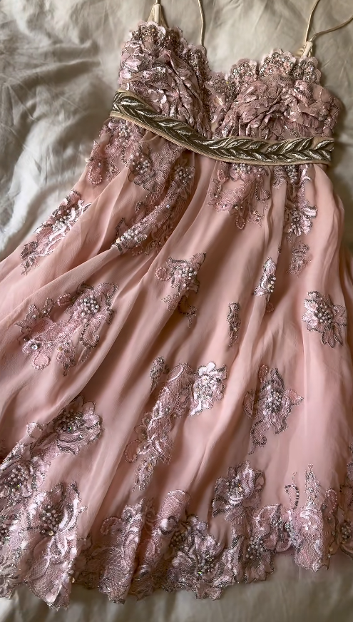 Vintage Pink Dress for Party Spaghetti Straps Chiffon Lace Hoco Dress Sheath Birthday Dress ED08997