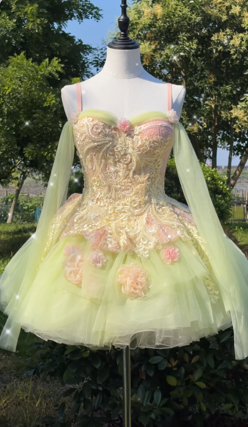 Gorgeous Appliques A-Line Birthday Dress Green Dress for Party Spaghetti Straps Tulle Hoco Dress  ED08998