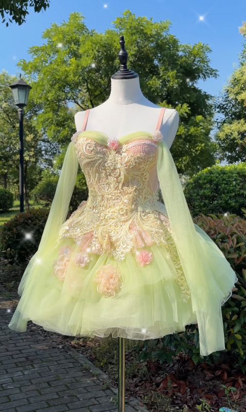 Gorgeous Appliques A-Line Birthday Dress Green Dress for Party Spaghetti Straps Tulle Hoco Dress  ED08998