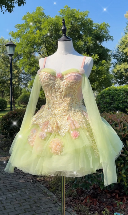 Gorgeous Appliques A-Line Birthday Dress Green Dress for Party Spaghetti Straps Tulle Hoco Dress  ED08998