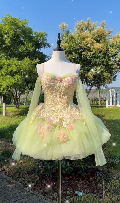 Gorgeous Appliques A-Line Birthday Dress Green Dress for Party Spaghetti Straps Tulle Hoco Dress  ED08998