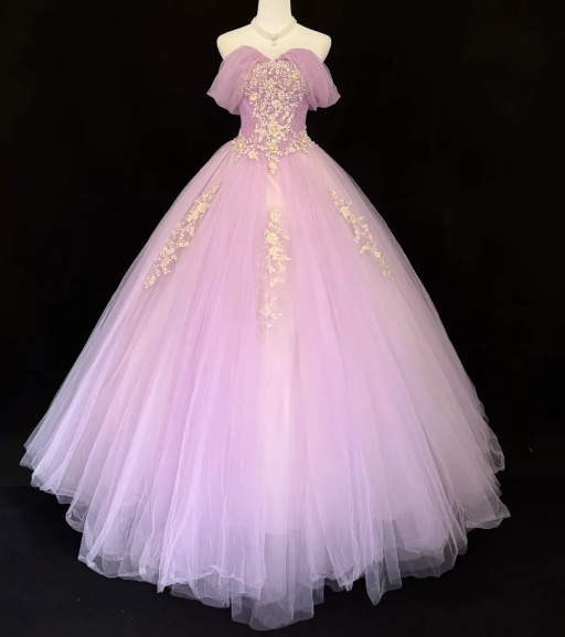 Magnifique Robe de Demoiselle d'honneur Rose Tulle Robe de Bal Robe de Quinceanera Épaules Dénudées Robe de Princesse ED09000