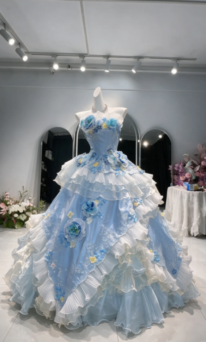 Gorgeous Blue Sweet 16 Dress Tulle Ball Gown Quinceanera Dress Strapless Princess Dress ED09001