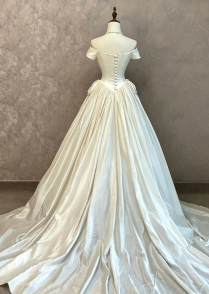 Modest Off-shoulder A-Line Wedding Dress Satin Bridal Dress White Bridal Gown ED09005