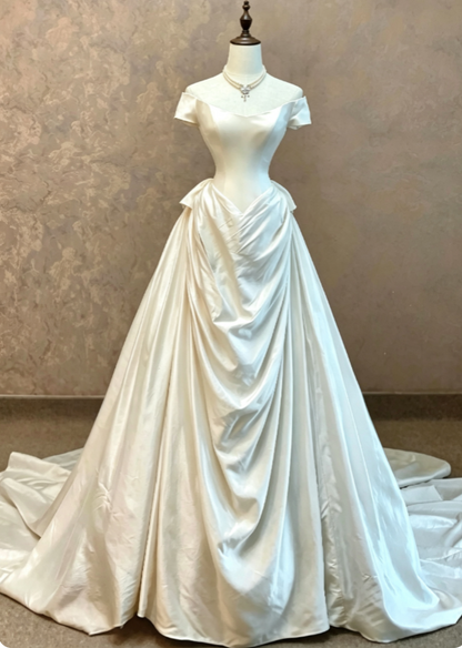 Modest Off-shoulder A-Line Wedding Dress Satin Bridal Dress White Bridal Gown ED09005