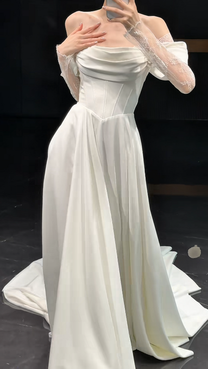 Dezentes Off-Shoulder A-Linien Hochzeitskleid Satin Brautkleid Weißes Brautkleid ED09006